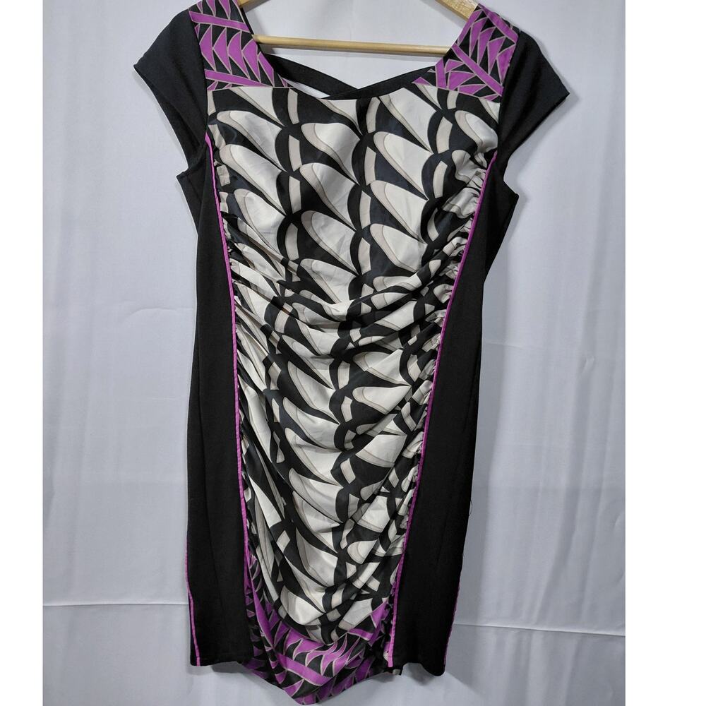 COURAGE.b Black Purple Graphic Print Dress Knit Knee Length Sleeve Size L